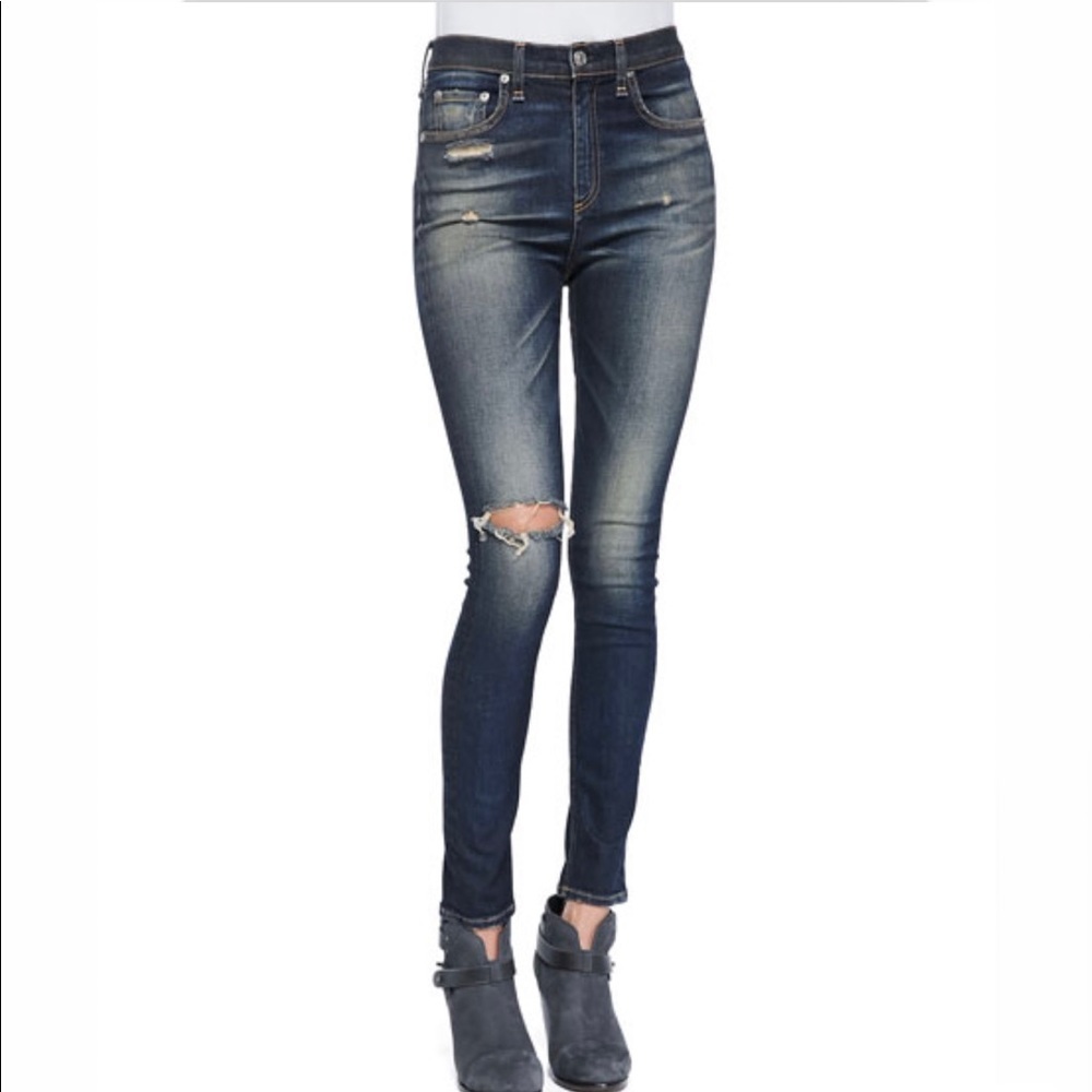rag & bone High Rise Distressed Skinny Jeans in Dark Indigo
